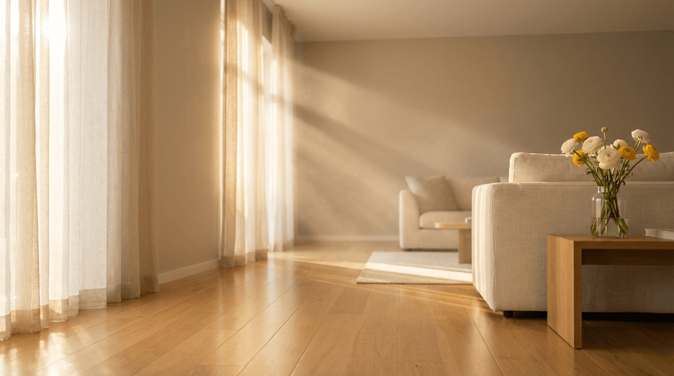 Bright, clean living room with sunlight and fresh styling