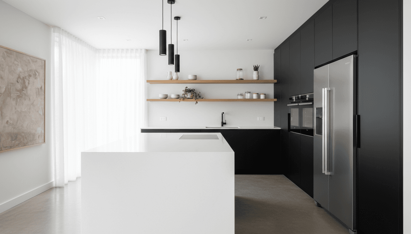 Sleek professional interior of a sunlit modern kitchen after a deep clean: honed white quartz island, matte black fixtures, floor-to-ceiling glass, pale oak floors with a faint sheen, a neatly folded charcoal microfiber cloth on the counter, editorial architectural photography, cool daylight, calm and precise