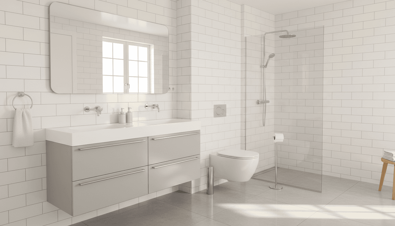Pristine bathroom with shiny tile and glass