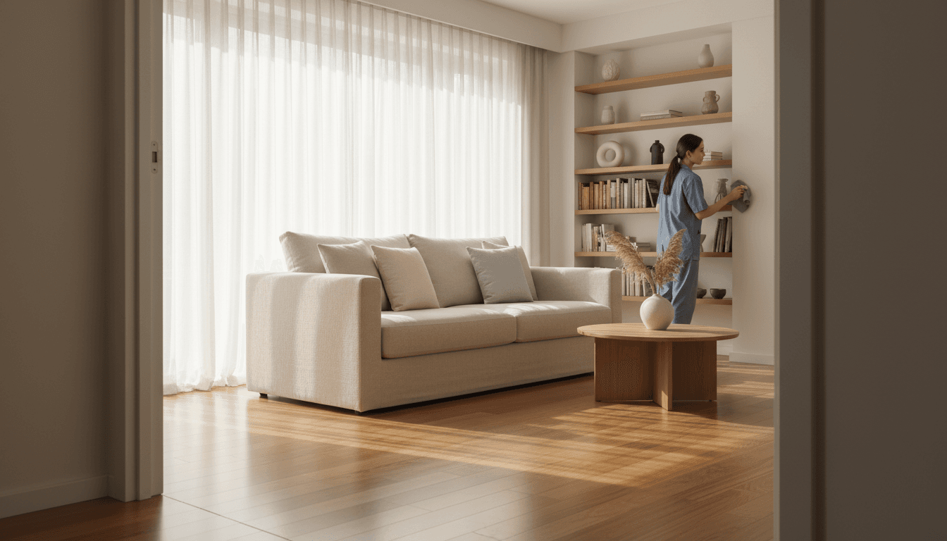 Bright living room with spotless surfaces and sunlight