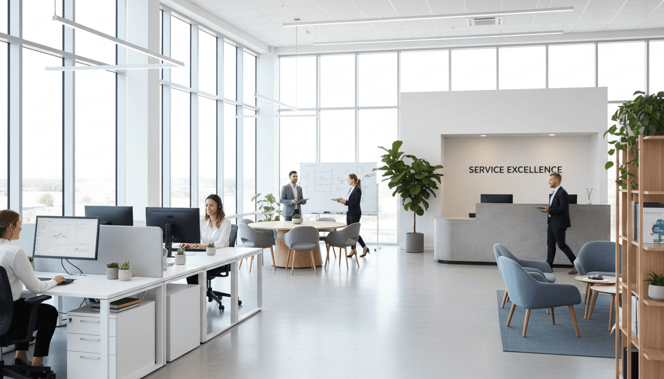 Clean commercial office with organized workstations