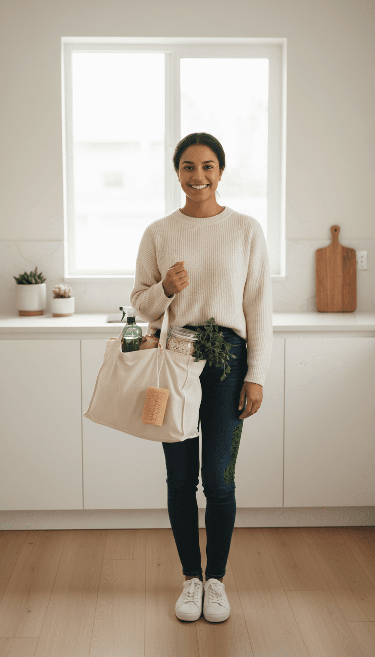 Handwritten grocery list on a kitchen counter with keys and a tote bag
