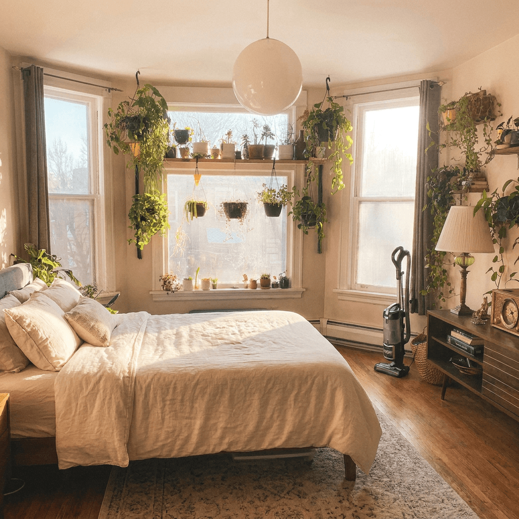 Tidy bedroom with freshly made bed