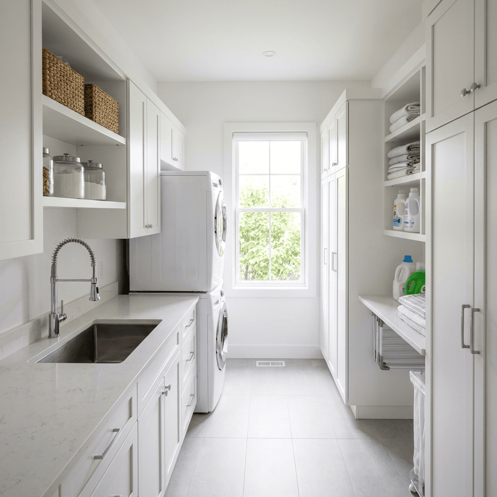 Laundry room with folded clothes and clean counters